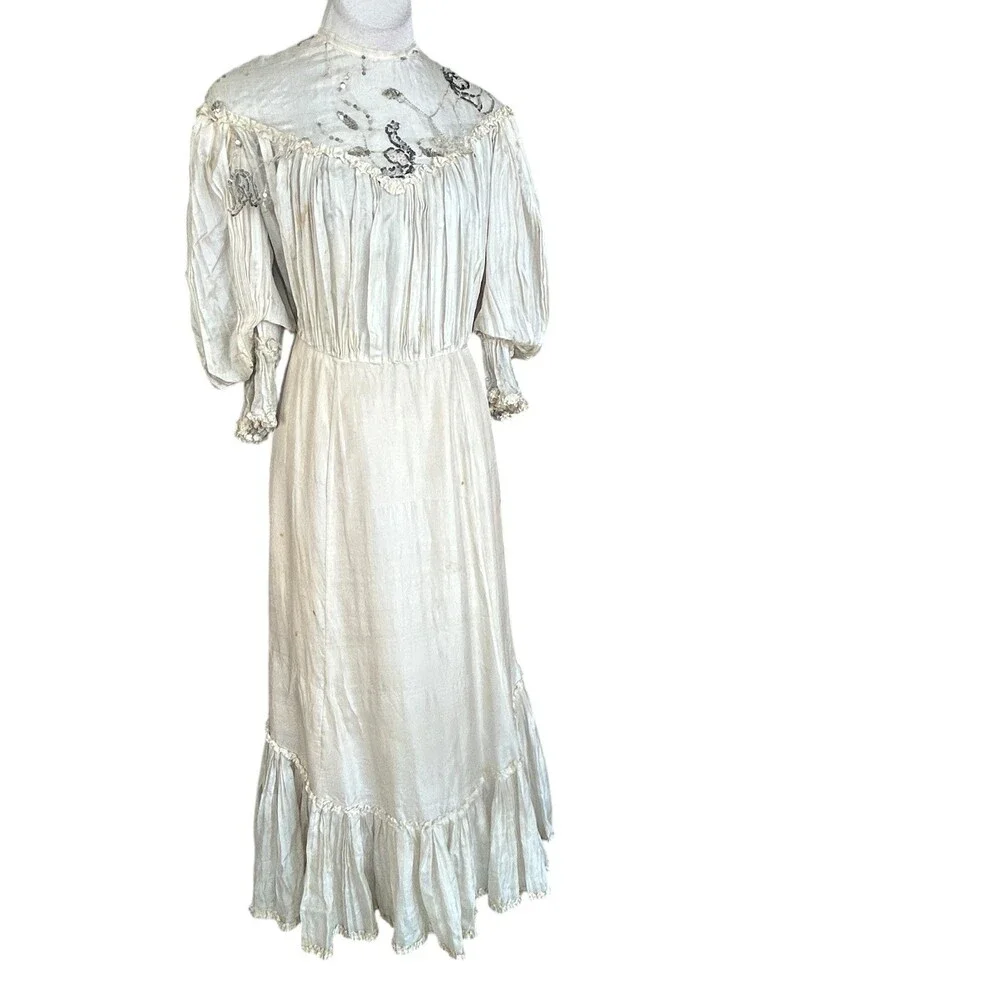 Antique Victorian Ivory Dress Mesh Lace Sequins Distressed Damaged As Is - Picture 3 of 16